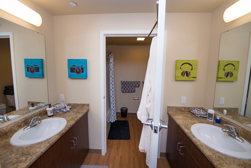 Bathroom view of double vanity and shower. (4x2: 4 single bedrooms & 2 bathrooms).