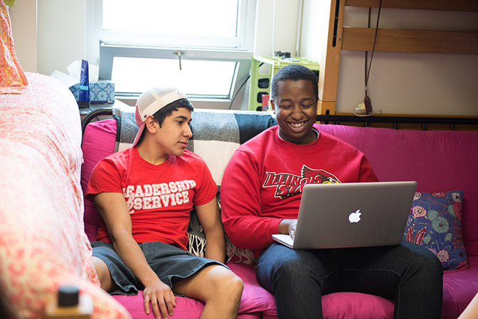 students in a residence hall room